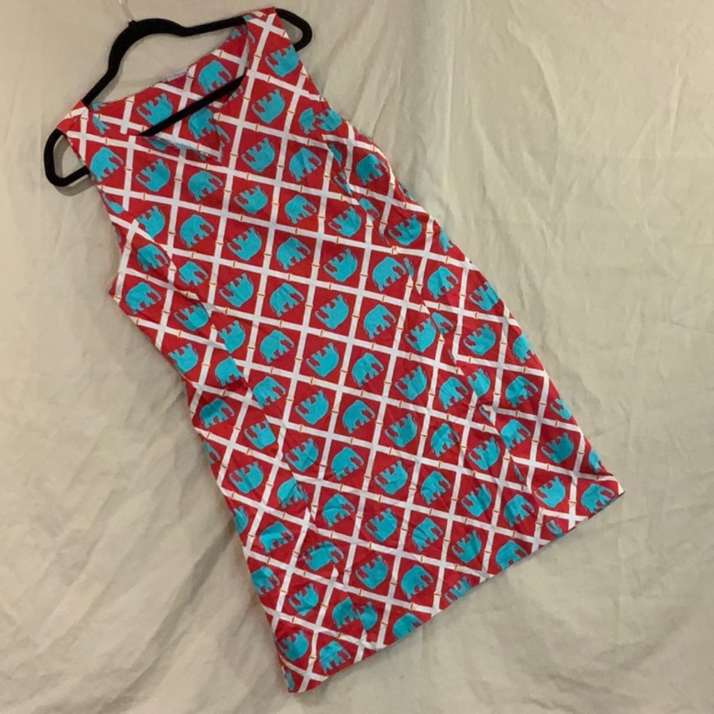Haley and the Hound Red and Turquoise Elephant Print Sheath Dress